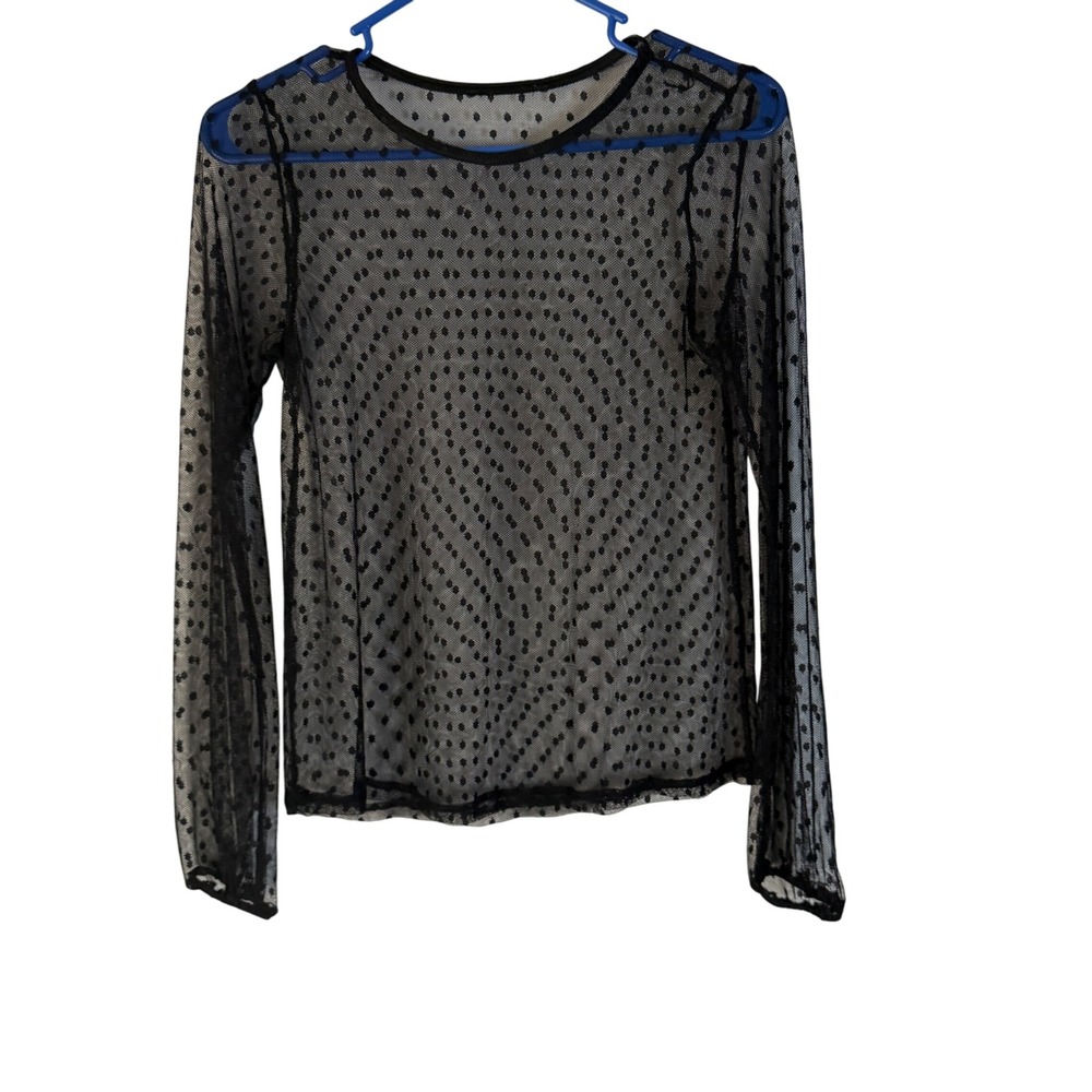 Sheer Black Polka Dot Mesh Long Sl Top Women's Swoss Dot‎ Blouse Small Going out